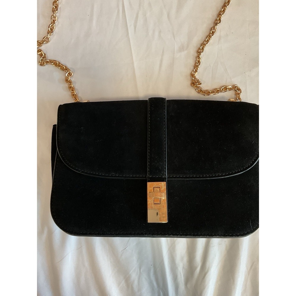 Black Suede Crossbody Mango MNG Handbag Purse Gold Chain Clasp